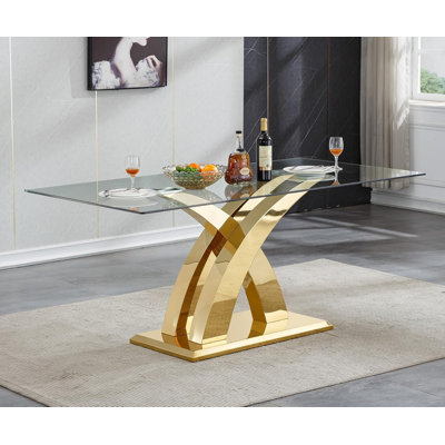 70" Modern Glass Dining Table for 4-8 People, Clear Glass Dining Room Table for 6, X-Shape Stainless Steel Pedestal, Rectangle Home Kitchen Table for