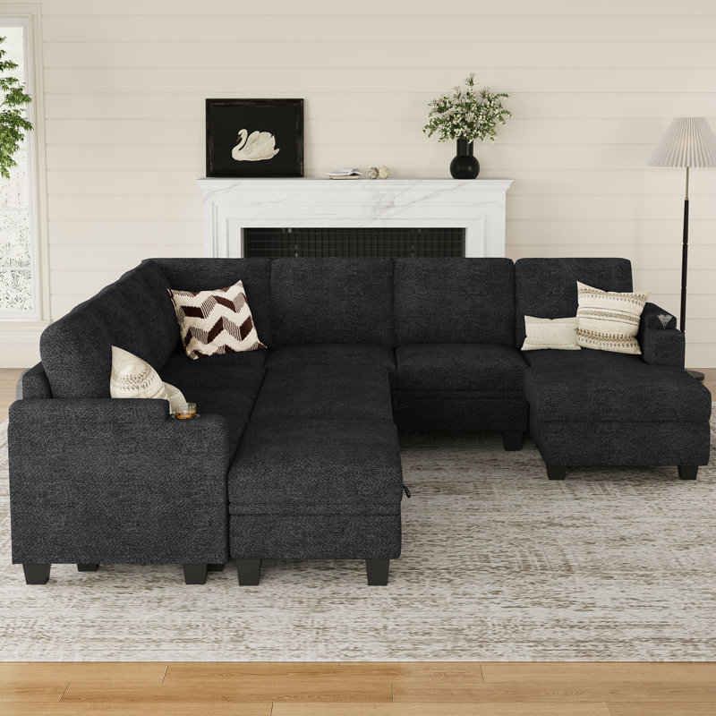 Canapé-lit modulaire avec rangement en U en chenille Penforma Chenille, Chenille grise foncée