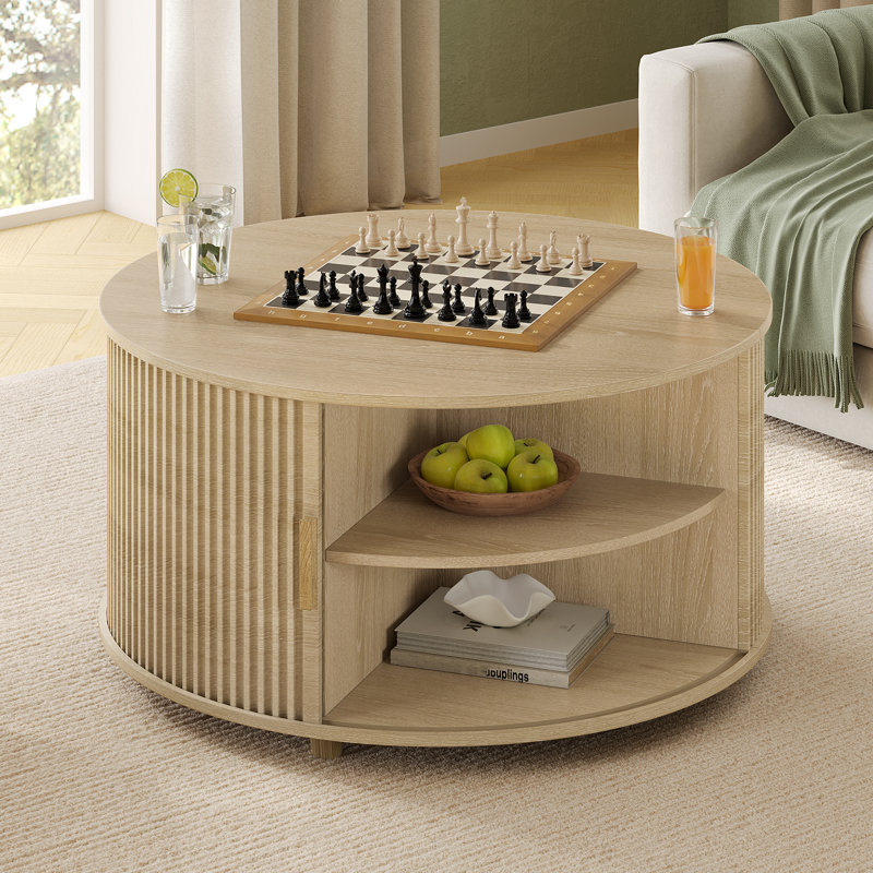 Round Lift Top Coffee Table With Storage, Modern Coffee Table With 180° Curved Sliding Door For Living Room, Office, Oak