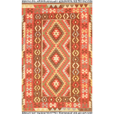 Tapis unique en laine noué à la main des années 2010 de 2 pi x 5 pi en rouge / brun / jaune
