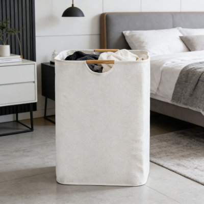 Panier à linge pliable avec poignées en bois - Panier de rangement en lin de coton grande capacité pour les vêtements, les jouets et l'organisation de la salle de bain