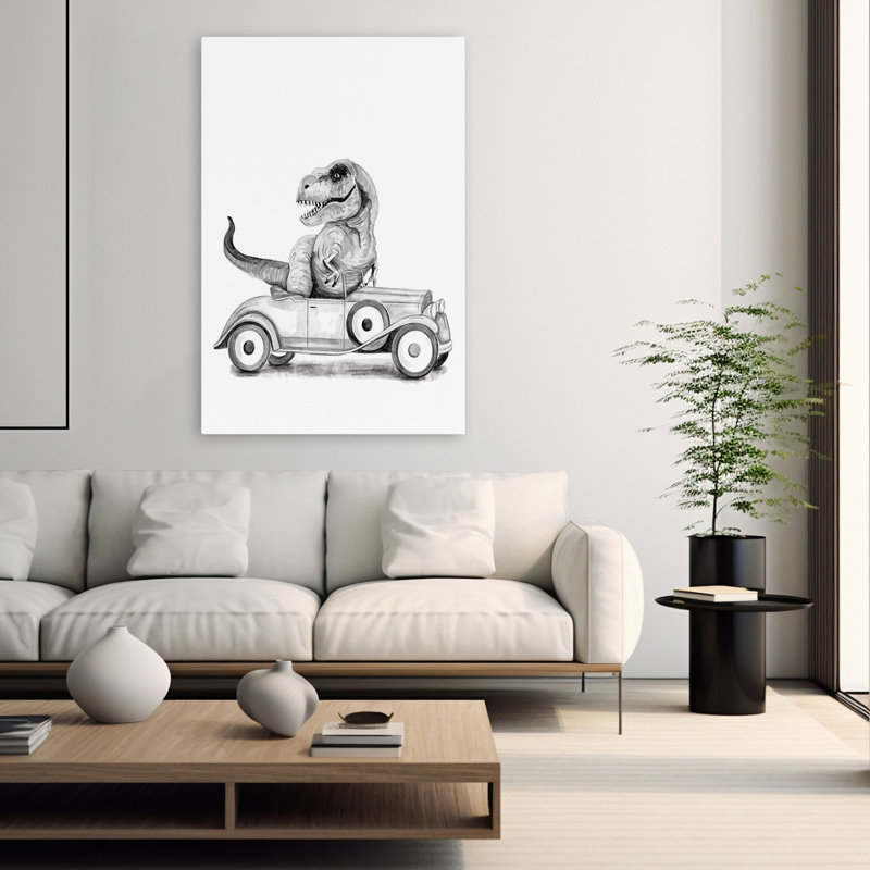 T-Rex dans une voiture - art de voiture rétro de dinosaure Trex, H 60 po x l 40 po