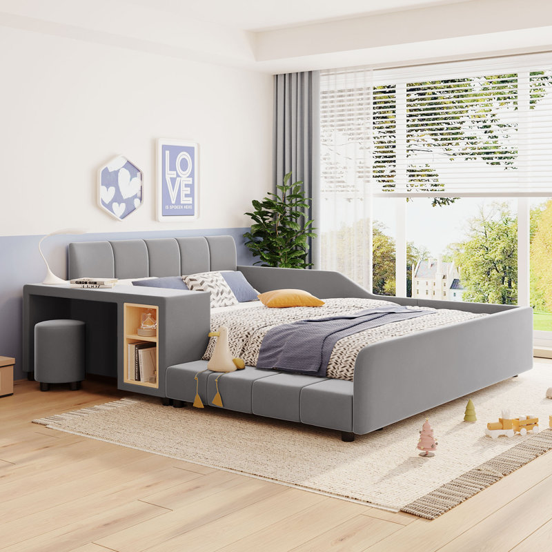 Lit tapissier en velours mère et enfant, Gris, Grand lit