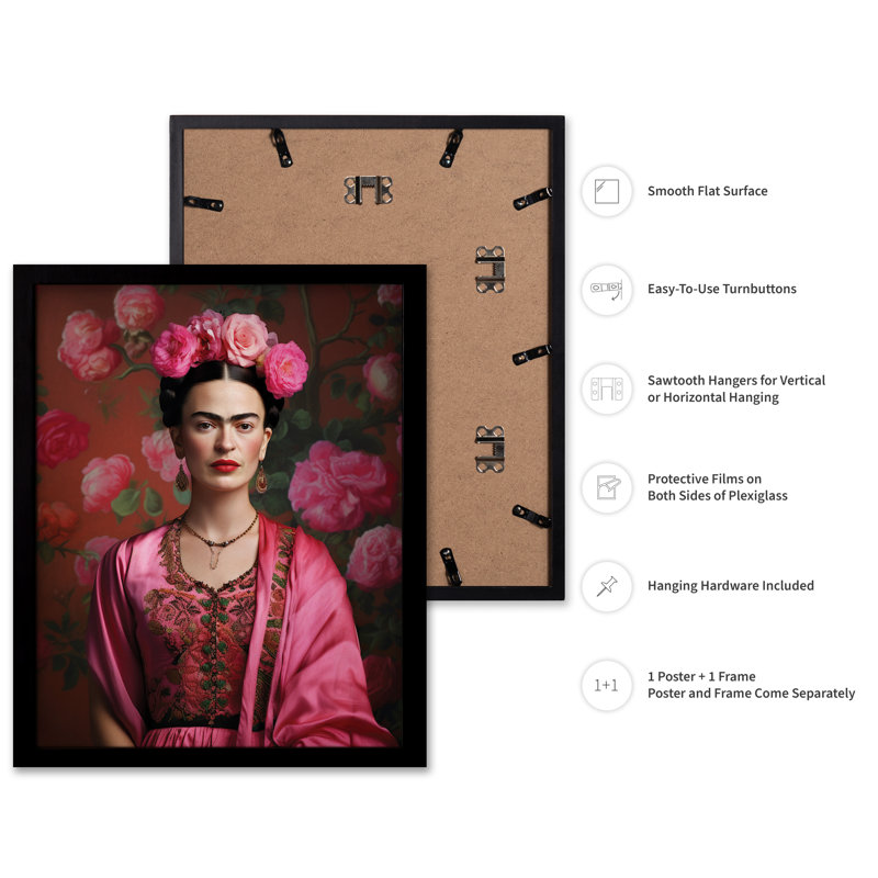 Portrait floral Frida Kahlo, Black Framed, Poster, 18"H x 24"W