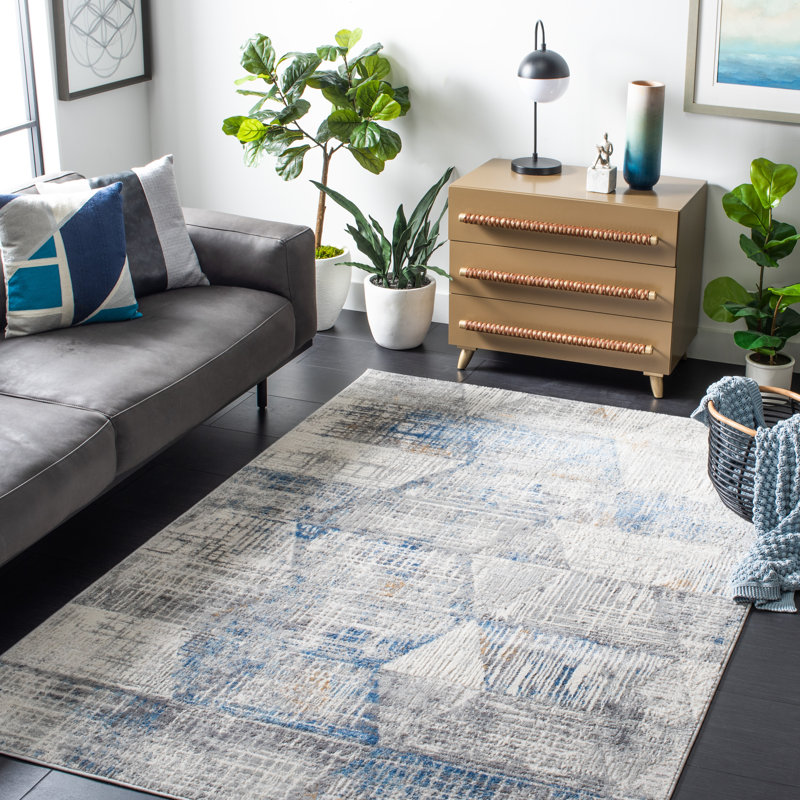 Tapis abstrait ivoire / bleu, Rectangle 9 pi x 12 pi