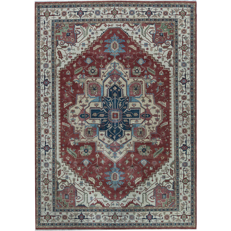 Tapis rouge et ivoire noué à la main de haute qualité