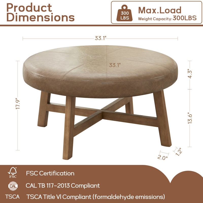 33.1" Round Leather Coffee Table, Light Brown