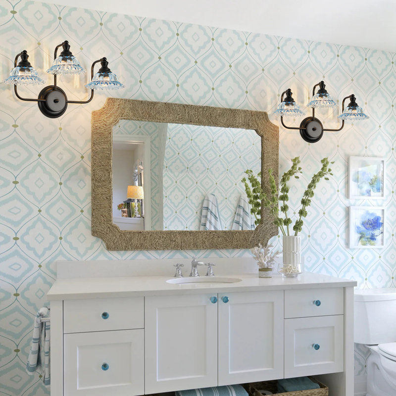Luminaire pour meuble-lavabo 3 lumières de 25,5 po de largeur, cadre noir et verre bleu homologué UL, Bleu, Noir mat, 3