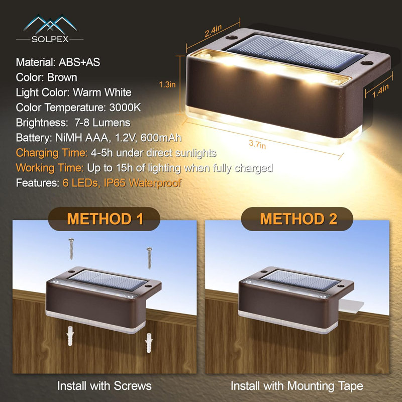 Stainless Steel Solar Powered Step Light Pack, Warm White, Brown