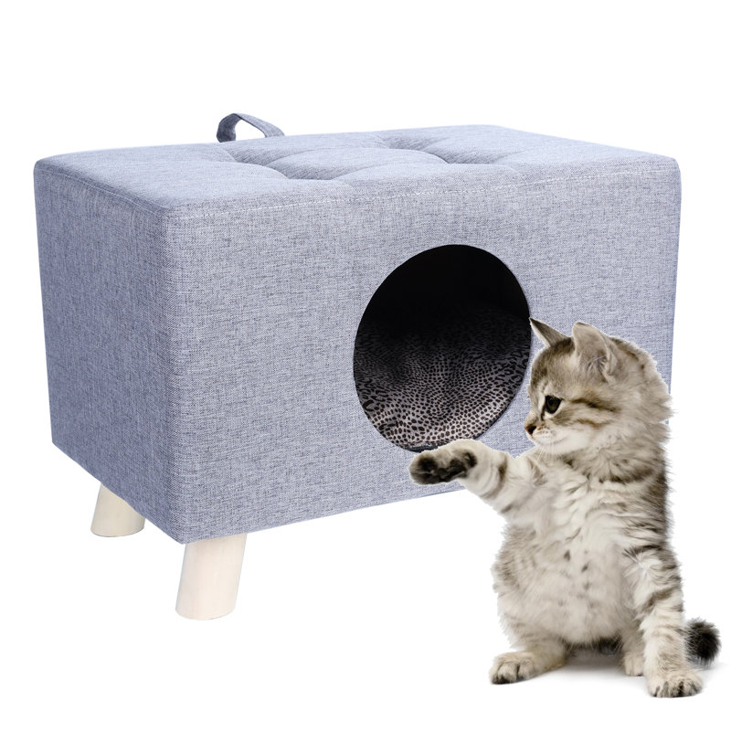 Gray Wood Pet House Bench with Cushion and Mat