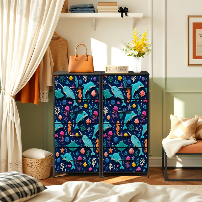 Commode de rangement verticale 4 tiroirs avec tiroirs en tissu marine