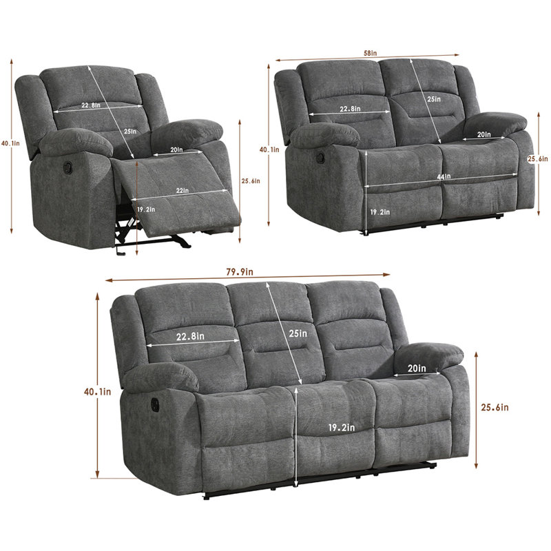 Ensemble de salon inclinable 3 pièces Manneville, Gris