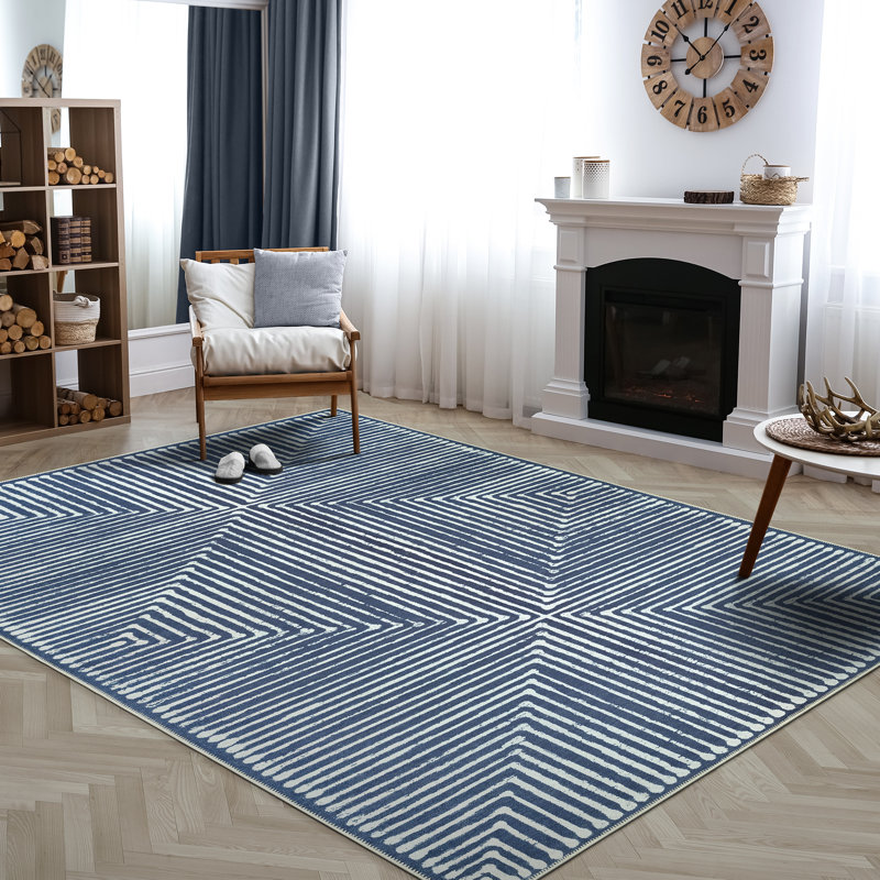  Washable Non-Slip Rug - Blue Striped Area Rug for Living Room, Bedroom, Dining Room, and Kitchen, Rectangle 8' x 10'