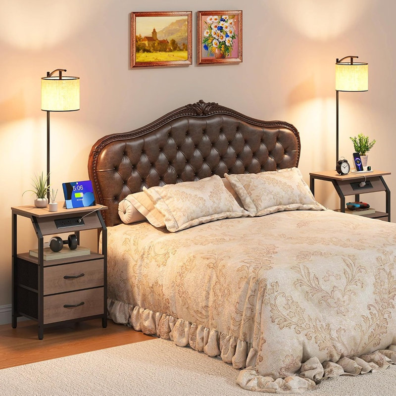 Table d'appoint avec lampadaire, table de chevet avec station de recharge, ampoule à 3 températures de couleur, table d'appoint à 2 tiroirs, gris beige
