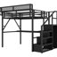 Grand lit mezzanine avec bureau, station de charge, garde-robe et éclairage, fabrication en métal, garde-robe d'escalier à finition noire, noir, grande capacité