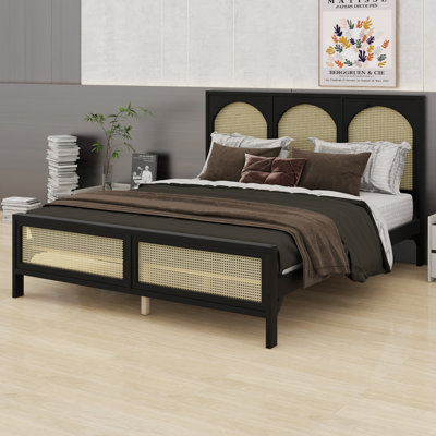 Mid-Century Wood Bed Frame with Rattan Headboard