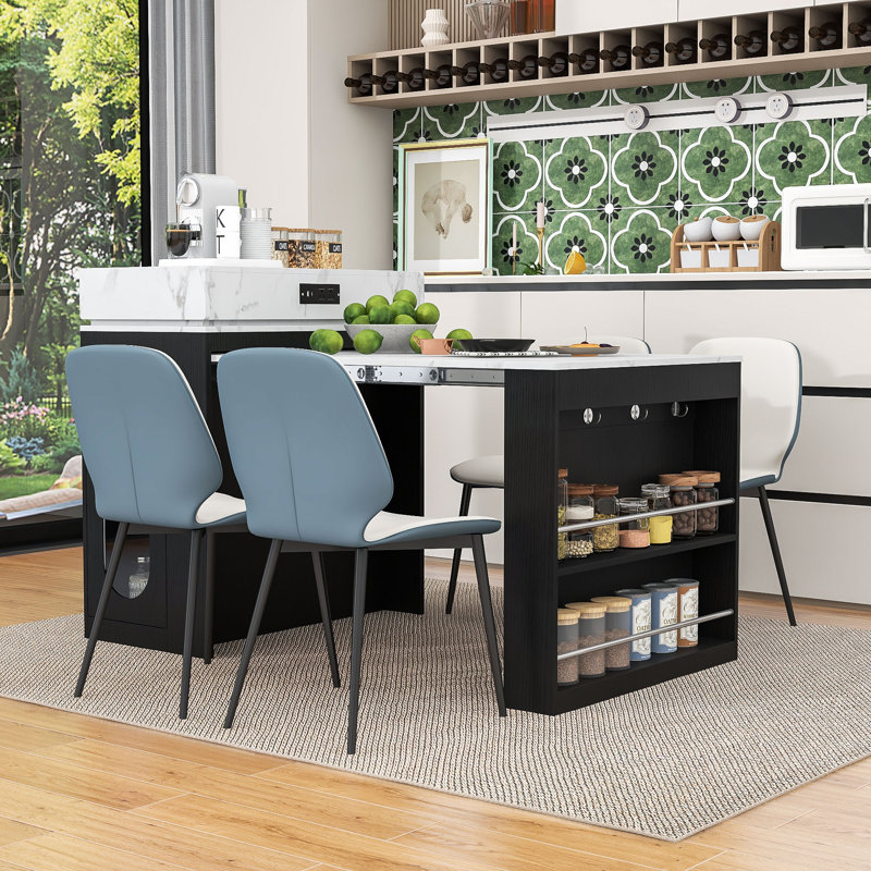 Îlot de cuisine roulant extensible avec table rabattable, prise de courant encastrée et armoire vitrée, Blanc / marbre, Black