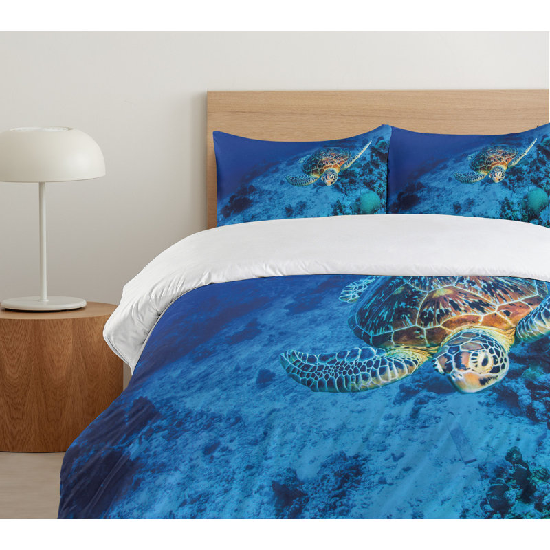 Queen Blue Oceanic Sea Turtle Microfiber Duvet Cover Set