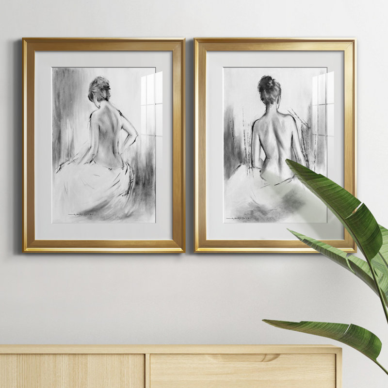 «Soft Silhouette V», ensemble de 2 reproductions sur toile, Impression encadrée avec passe-partout, H 18,5 po x l 49 po, Doré