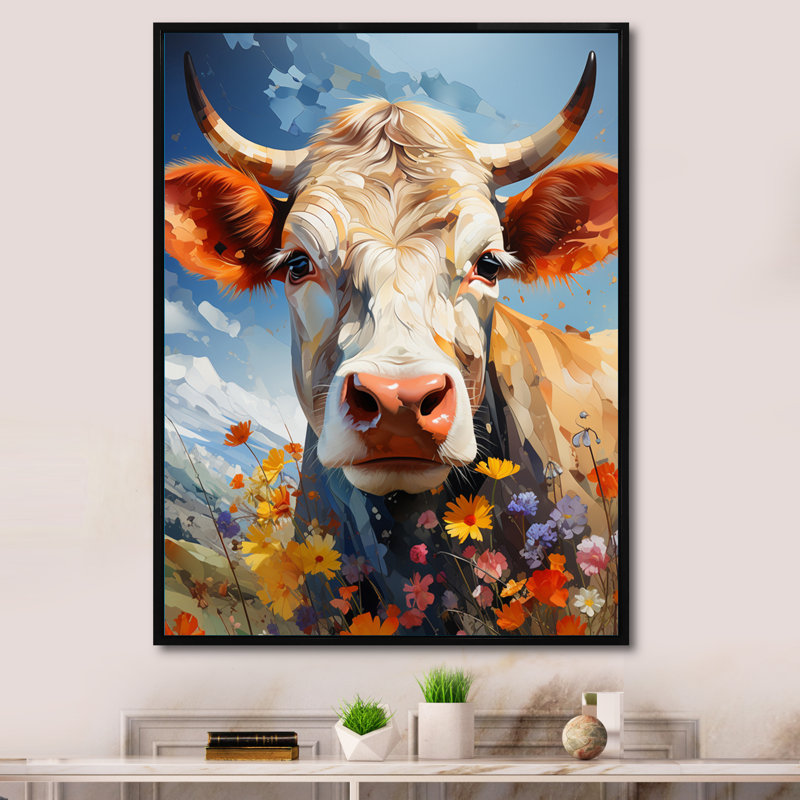 Lynkon Cow Floral Grazing III, reproduction d'art sur toile, H 32 po x l 24 po x P 1 po, Cadre flottant noir