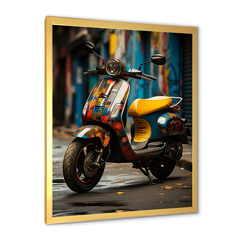 Urban Scooter Street Art, reproduction d'art sur toile, Cadre doré simple, H 44 po x l 34 po x P 1,5 po