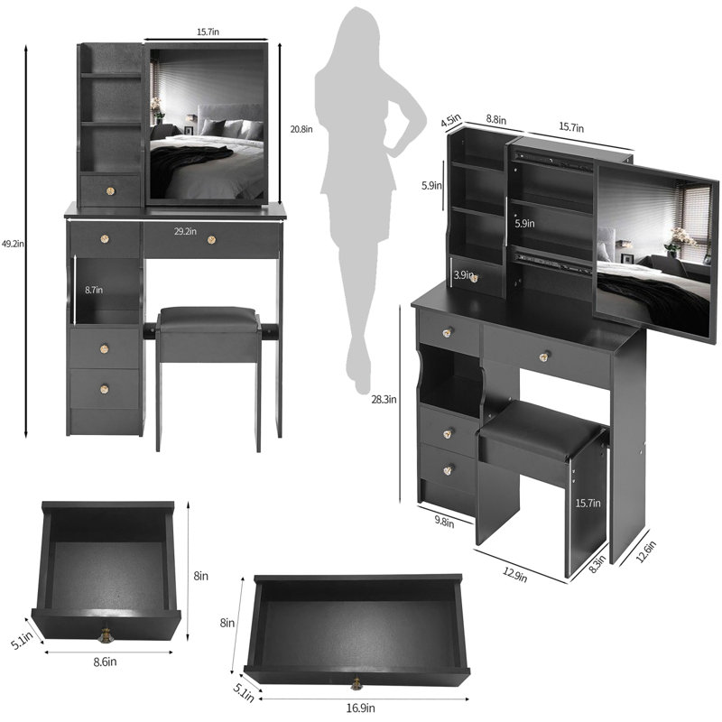 29.2" Vanity Table With Mirror And Storage For Small Space, Black
