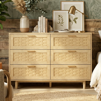 115cm 6-Drawer Chest with Faux Rattan Panel, Japandi Wide PVC Woven Dresser with Anti-Tip Device & Metal Handles,  Oak / Black