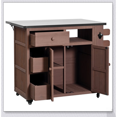 Îlot de cuisine d'extérieur en bois massif avec plateau en acier inoxydable, support à épices latéral et rangement pour barbecue et fêtes