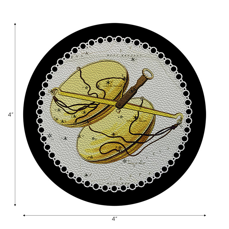 Zodiac Libra White Vegan Leather Round Coasters, Black