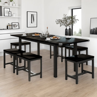 Dining Table Set, 7-piece Extendable Table From 63" Large Extendable Kitchen Table Set For 4-8 People, Mid-century Dining Room Table With 6 Square Sto
