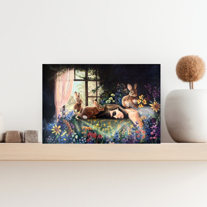 «Sleeping Girl with Rabbits Mystical Peaceful Serene Rabbit Nature Flower», art mural, H 18 po x l 12 po