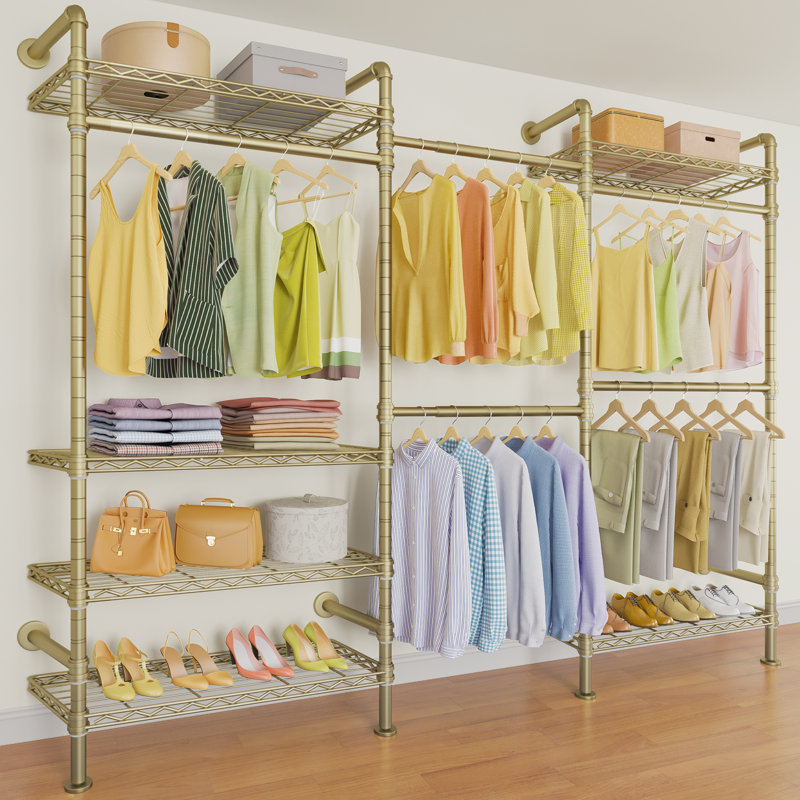 Timate F3 Expandable 6'7"-7'11" Wall Mounted Clothes Rack, Pipe Closet Garment Rack, Gold