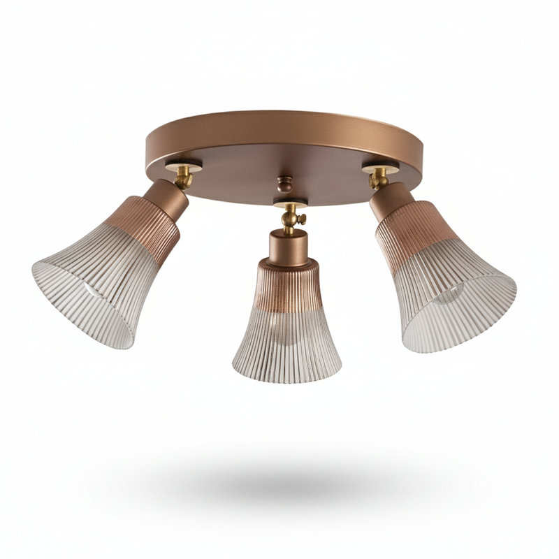 Plafonnier encastré 3 lumières avec abat-jour en verre nervuré Mid-Century