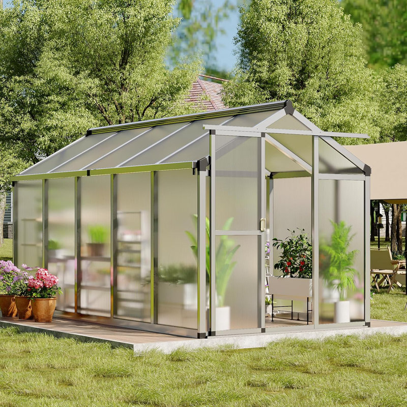 8×12 FT Polycarbonate Greenhouse, Walk-In Outdoor Garden Green House with Aluminum Frame, Roof Vent, Quick-Setup, Silver