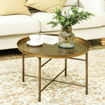 Table basse 24 po avec plateau martelé en métal, doré, salon, chambre à coucher, plateau rond en or de qualité, rétro pour une finition impeccable