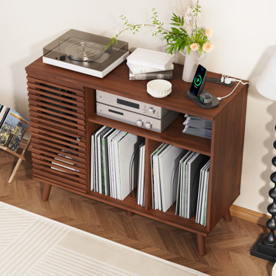 Record Player Stand With Charging Station, Mid-century Turntable Stand With Slatted Doors, 40" W Record Player Table Holds Up To 350 Albums Vinyl Storage Display Shelf For Living Room, Walnut