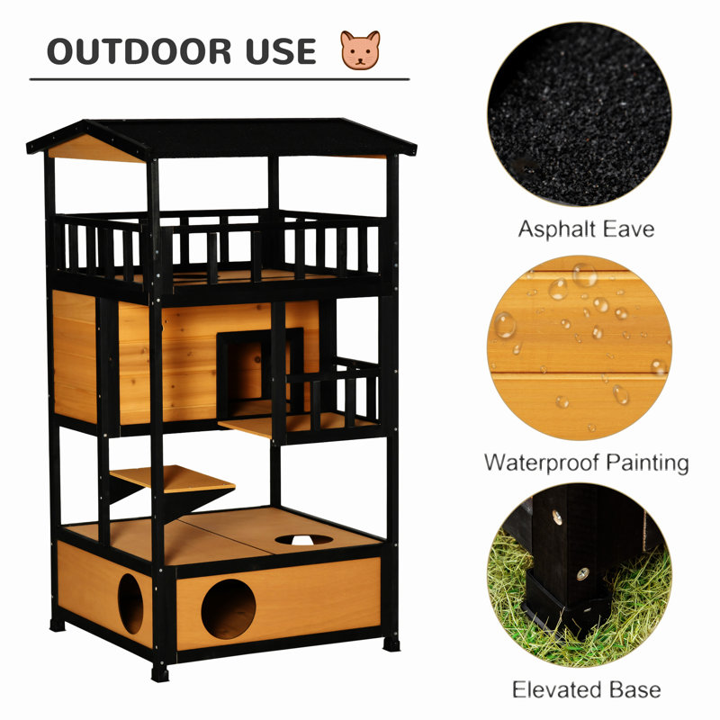 Large Black and Natural Wood Outdoor Cat House with Platforms