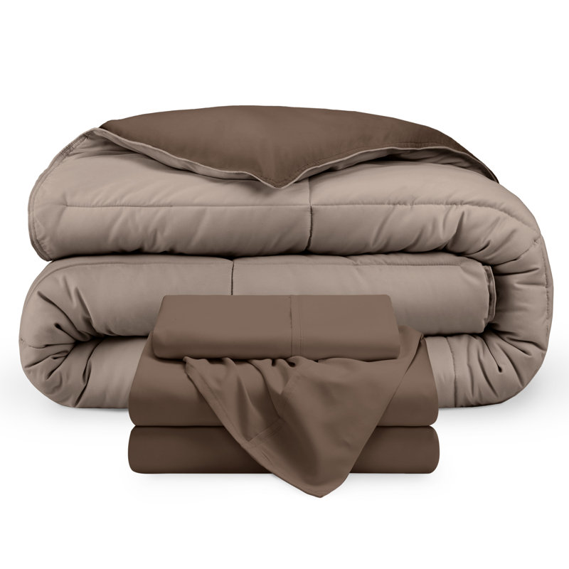 Microfiber Reversible Bed-In-A-Bag, Twin Extra Long Comforter + 1 Pillowcase, Cocoa/Taupe, Cocoa