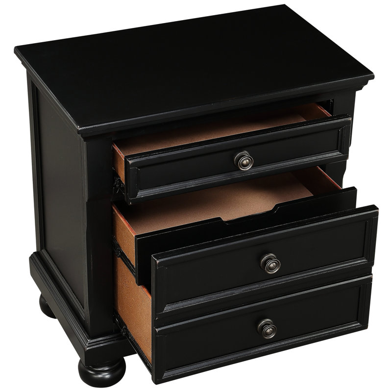 Table de chevet de chambre à coucher décontractée en noir, tiroir caché, 2 tiroirs réguliers, glissières à roulement à finition noire, compartiment, ton bronze