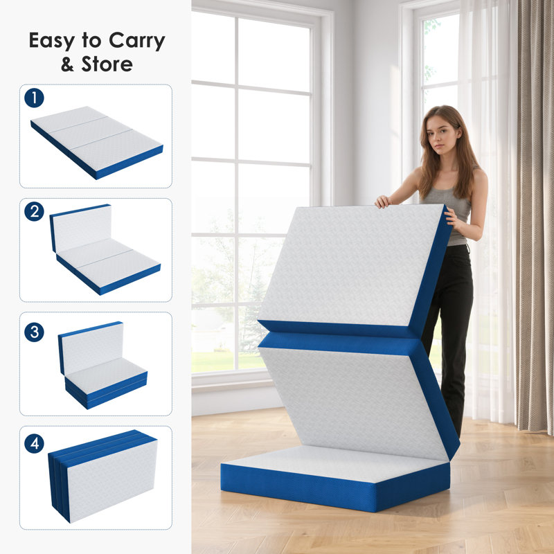 Matelas en mousse viscoélastique gélifiée de 6 po pour lit simple, pliable en trois avec housse amovible, Lit simple, 6"