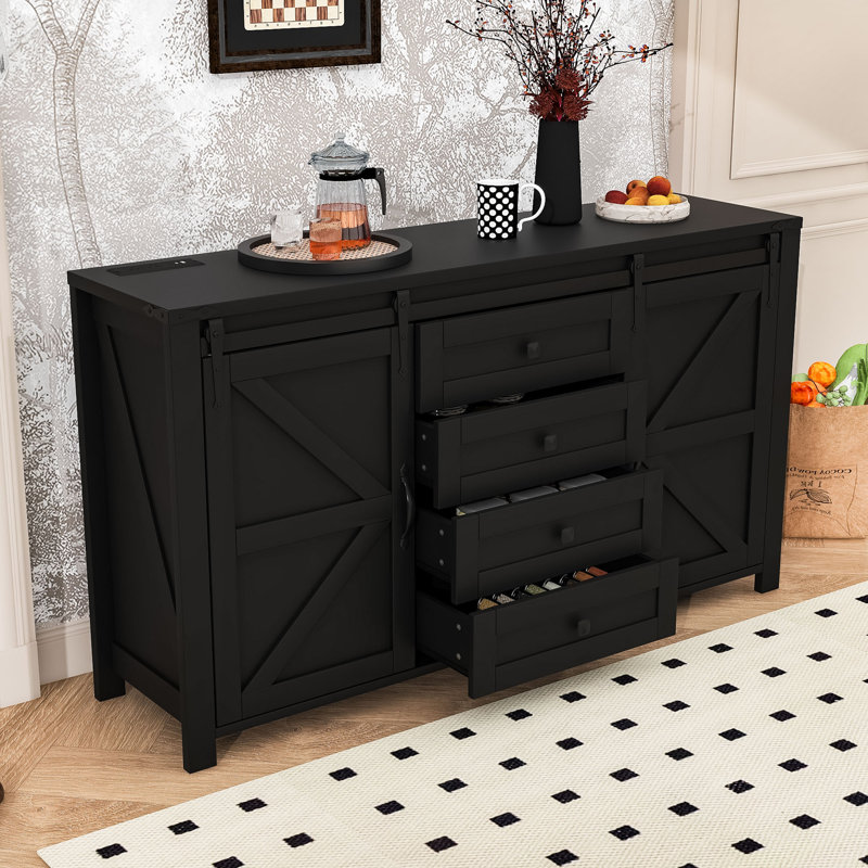 Modern Sideboard with Sliding Barn Doors, Built-In Power Outlet and Spacious Storage, Black