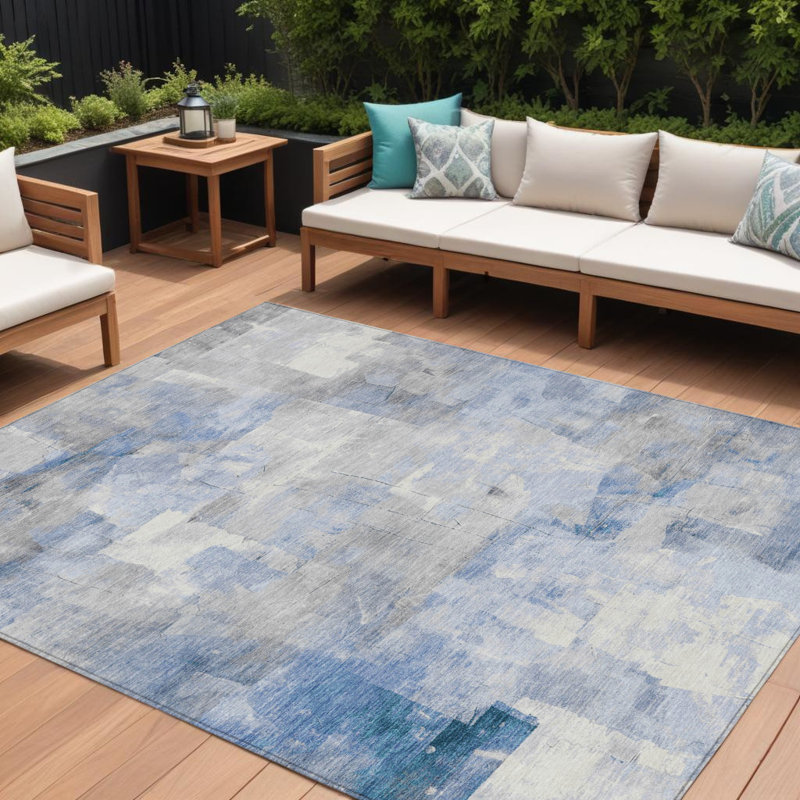 Tapis extérieur lavable abstrait bleu, gris et ivoire 8 pi x 10 pi