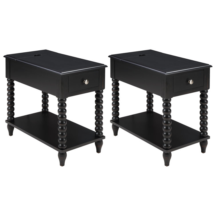 24" Tall Rustic Solid Wood End Table With Built-In Power Outlet And USB Port