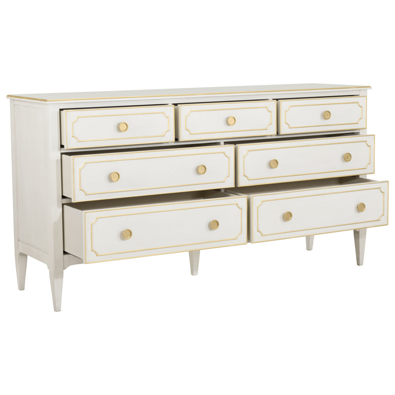 Camille 7 - Drawer Solid Wood Dresser, Linen/Antique Gold