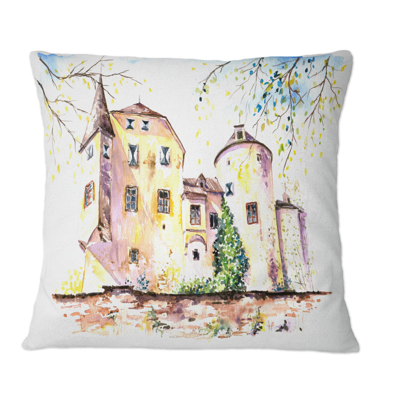 Château jaune rétro - coussin décoratif imprimé rétro, 16 po x 16 po
