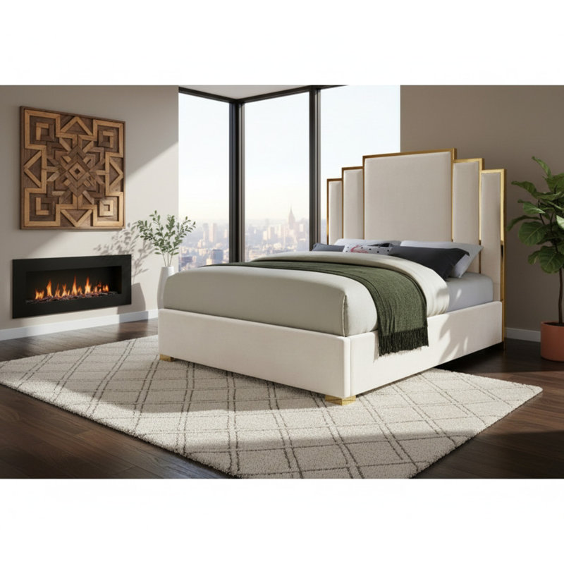 Lit plateforme tapissier Hugo, Grand, Velours crème