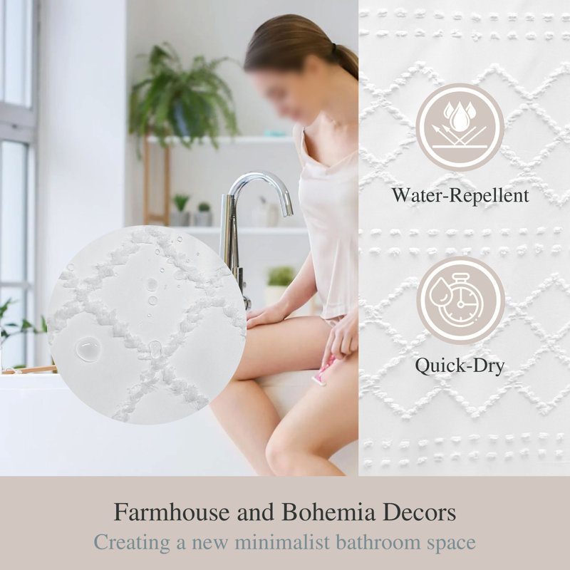 Boho Shower Curtain,Fabric Textured Tufted Chevron Striped, White