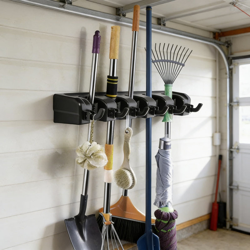 Support de balai et vadrouille mural robuste avec crochets, fentes à ressort et poignées en caoutchouc pour le garage, la salle de lavage et l'organisation et le rangement des outils de jardin