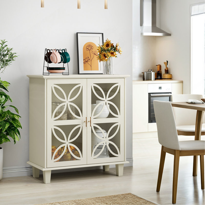 Buffet, armoire de salle de bain autoportante avec portes en verre trempé, console de cuisine rétro moderne, armoire de rangement décorative à 2 portes, couleur crème