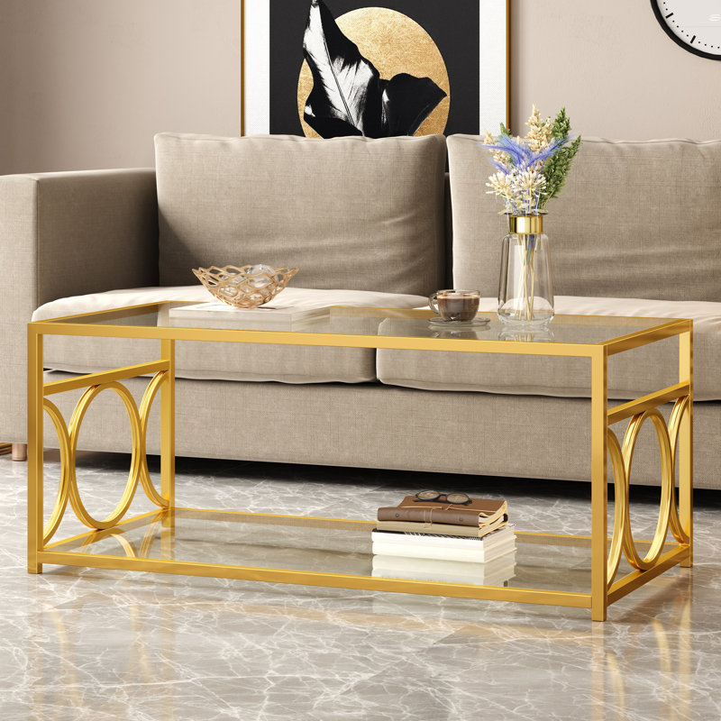 Table basse en verre de luxe moderne avec structure en métal doré, table basse rectangulaire avec tablette de rangement inférieure, table de centre Art déco pour le salon